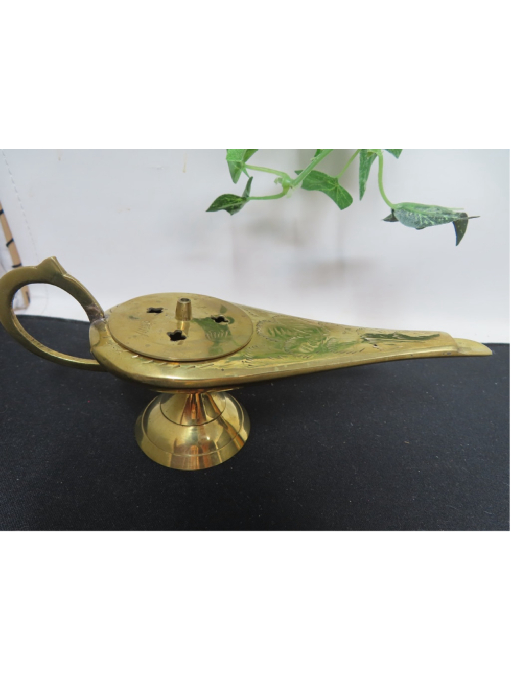 Vintage Solid Brass Genie Lamp Incense Burner Ornate Small 6.5" Etched Design